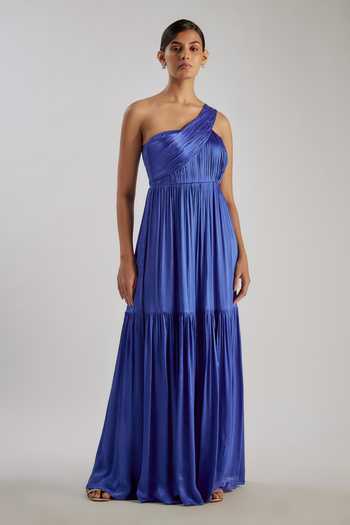 Buy_Essay By Sumedha Agrawal_Blue Bemberg, Satin, Chiffon One Shoulder Pleated Maxi Dress _Online_at_Aza_Fashions