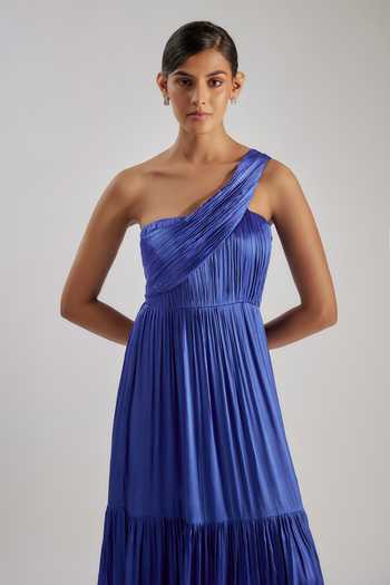Essay By Sumedha Agrawal_Blue Bemberg, Satin, Chiffon One Shoulder Pleated Maxi Dress _at_Aza_Fashions