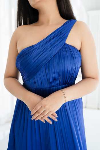 Buy_Essay By Sumedha Agrawal_Blue Bemberg, Satin, Chiffon One Shoulder Pleated Maxi Dress 
