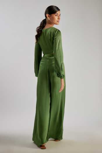 Shop_Essay By Sumedha Agrawal_Green Bemberg, Satin, Chiffon V-neck Pleated Wrap Top And Pant Set _at_Aza_Fashions
