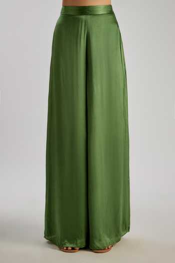 Essay By Sumedha Agrawal_Green Bemberg, Satin, Chiffon V-neck Pleated Wrap Top And Pant Set _Online_at_Aza_Fashions