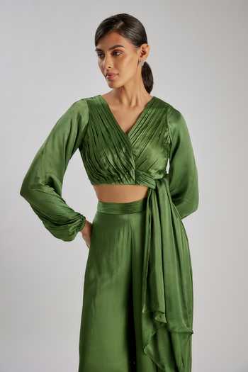 Buy_Essay By Sumedha Agrawal_Green Bemberg, Satin, Chiffon V-neck Pleated Wrap Top And Pant Set _Online_at_Aza_Fashions