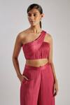 Buy_Essay By Sumedha Agrawal_Pink Bemberg, Satin, Chiffon One Shoulder Pleated Crop Top And Pant Set _Online_at_Aza_Fashions