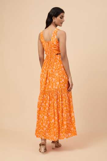 Shop_Essay By Sumedha Agrawal_Orange Viscose, Crepe V-neck Printed Maxi Dress _at_Aza_Fashions