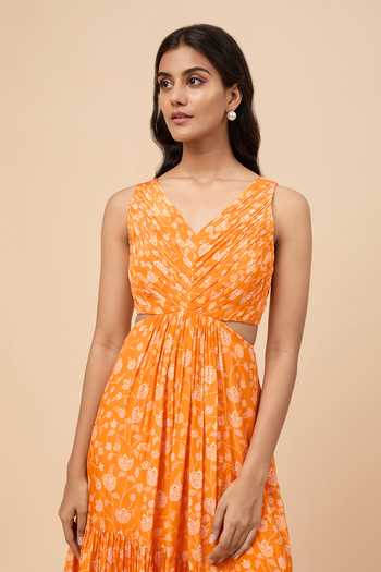 Essay By Sumedha Agrawal_Orange Viscose, Crepe V-neck Printed Maxi Dress _Online_at_Aza_Fashions
