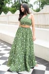 Shop_Essay By Sumedha Agrawal_Green Crepe, Viscose One Shoulder Printed Top And Skirt Set _Online_at_Aza_Fashions