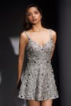 Buy_Karn Malhotra_Silver Georgette Sequins, Pearls, Mirrors, Vega Skater Embellished Dress _at_Aza_Fashions