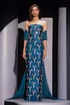 Buy_Karn Malhotra_Blue Silk, Georgette Pearls, Mirrors, Crystals, Tassels Soraya Embellished Gown _at_Aza_Fashions