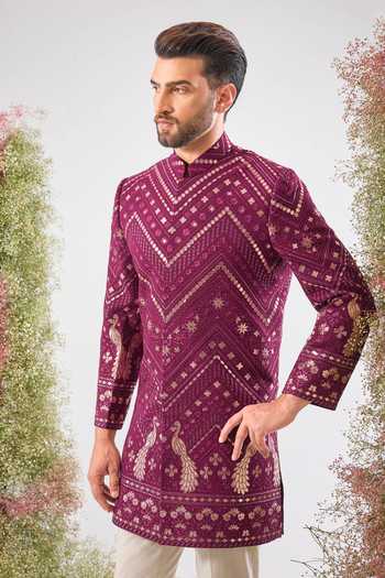 Buy_Kasbah_Wine Georgette Embroidery, Zari Leather Patch Work Sherwani  _at_Aza_Fashions