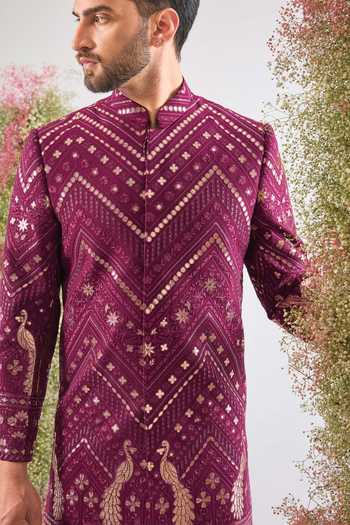 Kasbah_Wine Georgette Embroidery, Zari Leather Patch Work Sherwani  _Online_at_Aza_Fashions