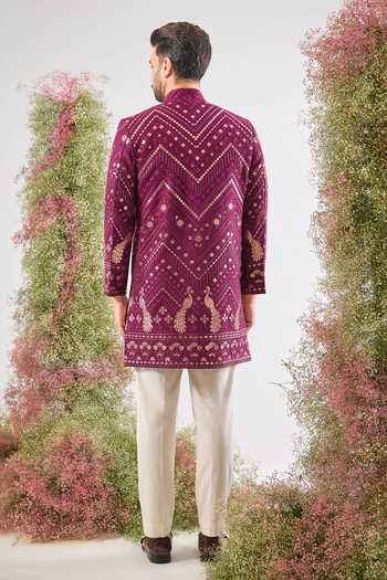 Shop_Kasbah_Wine Georgette Embroidery, Zari Leather Patch Work Sherwani  _at_Aza_Fashions