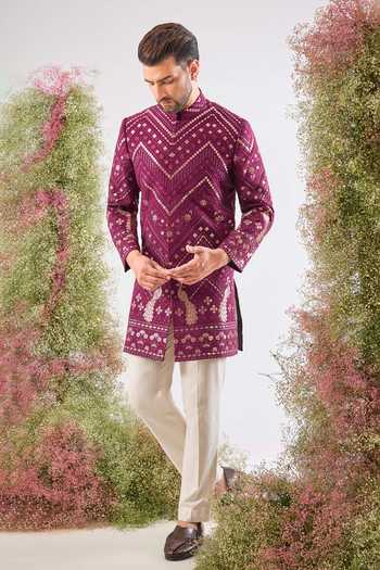 Buy_Kasbah_Wine Georgette Embroidery, Zari Leather Patch Work Sherwani  _Online_at_Aza_Fashions