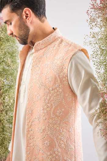 Kasbah_Pink Georgette Embroidery, Stones Hand Nehru Jacket _Online_at_Aza_Fashions
