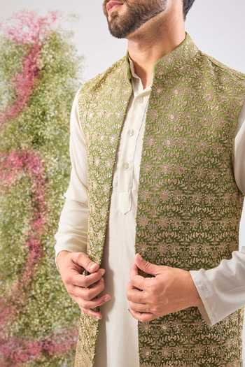 Kasbah_Green Georgette Sequins, Zari Ombre Long Nehru Jacket _Online_at_Aza_Fashions