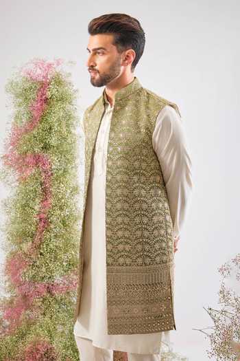 Buy_Kasbah_Green Georgette Sequins, Zari Ombre Long Nehru Jacket _Online_at_Aza_Fashions