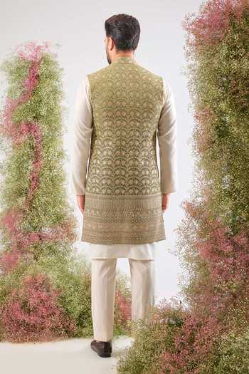Shop_Kasbah_Green Georgette Sequins, Zari Ombre Long Nehru Jacket _at_Aza_Fashions
