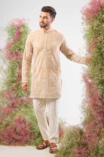 Buy_Kasbah_Beige Georgette Embroidery Kashmiri Thread Work Short Kurta _Online_at_Aza_Fashions