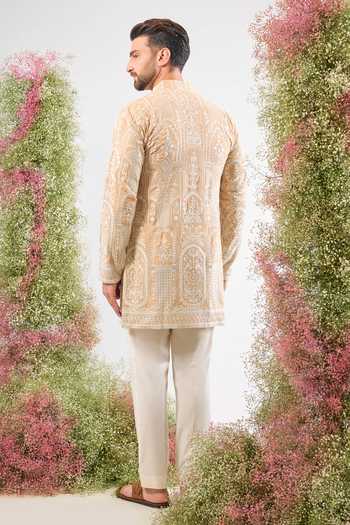 Shop_Kasbah_Beige Georgette Embroidery Kashmiri Thread Work Short Kurta _at_Aza_Fashions