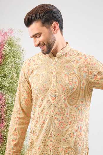Kasbah_Beige Georgette Embroidery, Sequins Kashmiri Kurta _Online_at_Aza_Fashions