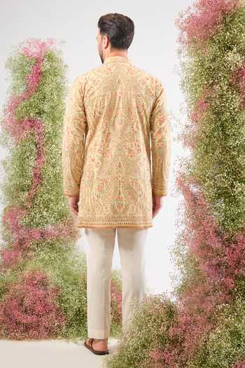 Shop_Kasbah_Beige Georgette Embroidery, Sequins Kashmiri Kurta _at_Aza_Fashions