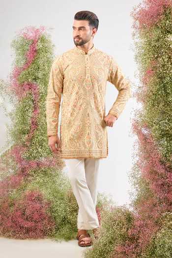 Buy_Kasbah_Beige Georgette Embroidery, Sequins Kashmiri Kurta _Online_at_Aza_Fashions
