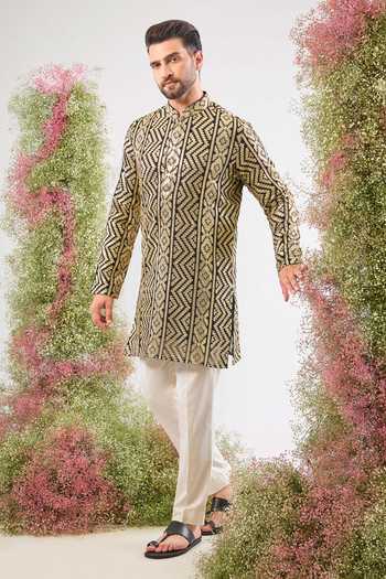 Kasbah_Gold Georgette Sequins Geometrical Pattern Short Kurta _Online_at_Aza_Fashions