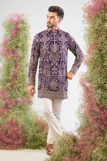 Kasbah_Gold Silk Embroidery, Sequins, Zari Kurta _Online_at_Aza_Fashions