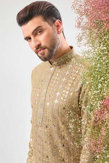 Kasbah_Beige Georgette Sequins, Mirrors, Metallic Thread Embellished Kurta _Online_at_Aza_Fashions