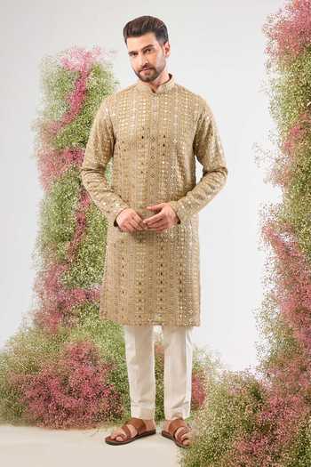 Buy_Kasbah_Beige Georgette Sequins, Mirrors, Metallic Thread Embellished Kurta _Online_at_Aza_Fashions