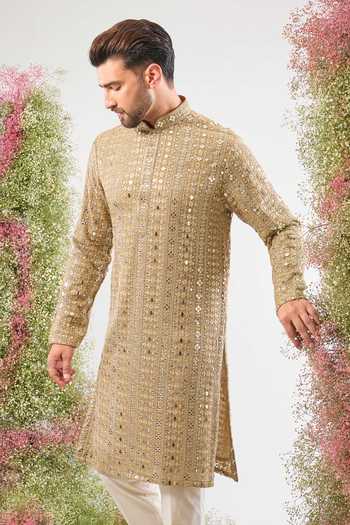 Buy_Kasbah_Beige Georgette Sequins, Mirrors, Metallic Thread Embellished Kurta _at_Aza_Fashions