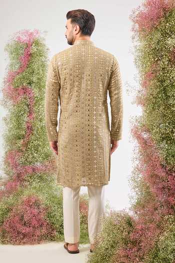 Shop_Kasbah_Beige Georgette Sequins, Mirrors, Metallic Thread Embellished Kurta _at_Aza_Fashions