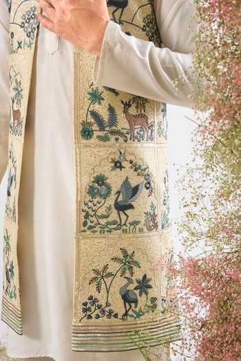 Kasbah_Beige Georgette Embroidery Reindeer Pattern Long Nehru Jacket _Online_at_Aza_Fashions