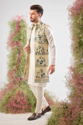 Buy_Kasbah_Beige Georgette Embroidery Reindeer Pattern Long Nehru Jacket _Online_at_Aza_Fashions
