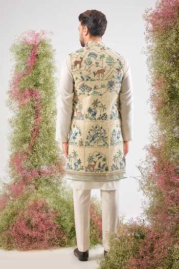 Shop_Kasbah_Beige Georgette Embroidery Reindeer Pattern Long Nehru Jacket _at_Aza_Fashions