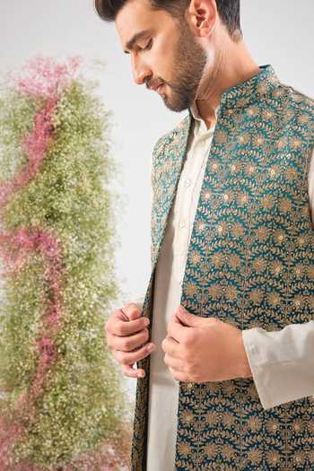 Kasbah_Blue Georgette Sequins, Zari Scallop Pattern Nehru Jacket _Online_at_Aza_Fashions