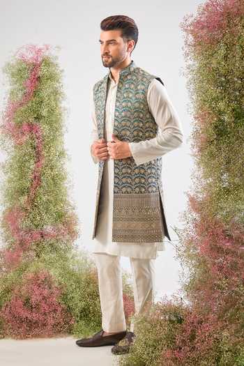 Buy_Kasbah_Blue Georgette Sequins, Zari Scallop Pattern Nehru Jacket _Online_at_Aza_Fashions