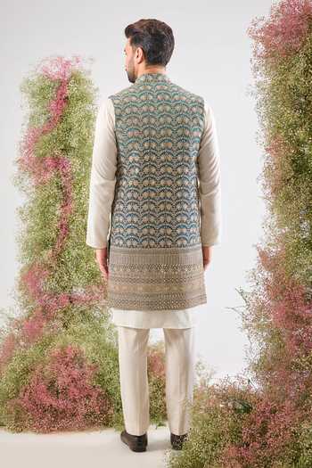 Shop_Kasbah_Blue Georgette Sequins, Zari Scallop Pattern Nehru Jacket _at_Aza_Fashions