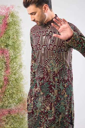 Kasbah_Wine Georgette Embroidery, Sequins, Zari Floral Kurta _Online_at_Aza_Fashions