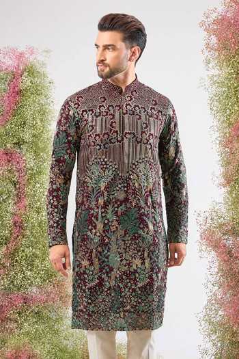 Buy_Kasbah_Wine Georgette Embroidery, Sequins, Zari Floral Kurta _at_Aza_Fashions