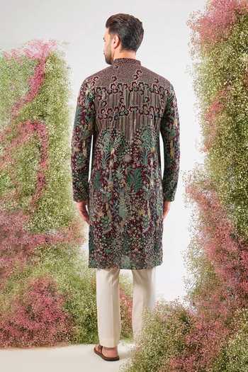 Shop_Kasbah_Wine Georgette Embroidery, Sequins, Zari Floral Kurta _at_Aza_Fashions