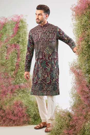 Buy_Kasbah_Wine Georgette Embroidery, Sequins, Zari Floral Kurta _Online_at_Aza_Fashions