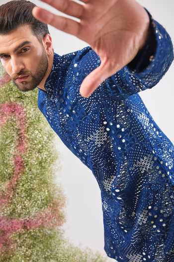 Kasbah_Blue Silk Sequins, Mirrors Work Kurta _Online_at_Aza_Fashions