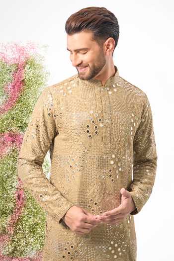 Kasbah_Brown Silk Sequins, Mirrors Work Embellished Kurta _Online_at_Aza_Fashions