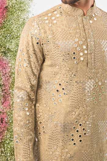 Buy_Kasbah_Brown Silk Sequins, Mirrors Work Embellished Kurta _Online_at_Aza_Fashions
