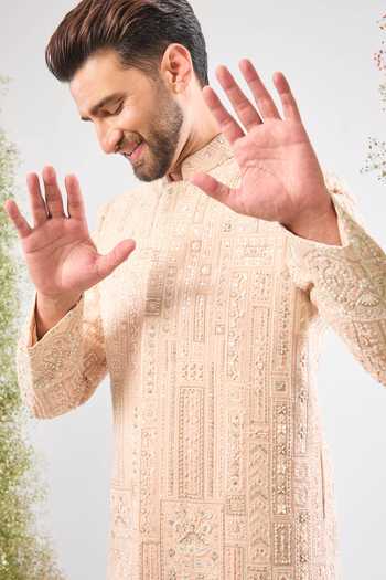 Kasbah_Pink Georgette Sequins, Stones Geometric Work Sherwani _Online_at_Aza_Fashions