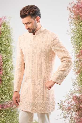 Buy_Kasbah_Pink Georgette Sequins, Stones Geometric Work Sherwani _at_Aza_Fashions