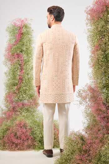 Shop_Kasbah_Pink Georgette Sequins, Stones Geometric Work Sherwani _at_Aza_Fashions