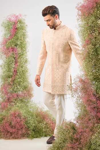 Buy_Kasbah_Pink Georgette Sequins, Stones Geometric Work Sherwani _Online_at_Aza_Fashions