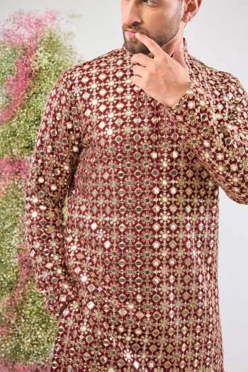 Buy_Kasbah_Maroon Georgette Sequins, Zari, Mirrors Work Kurta _Online_at_Aza_Fashions