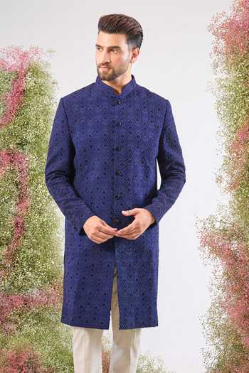 Buy_Kasbah_Blue Silk Stones Geometric Embroidered Sherwani _at_Aza_Fashions